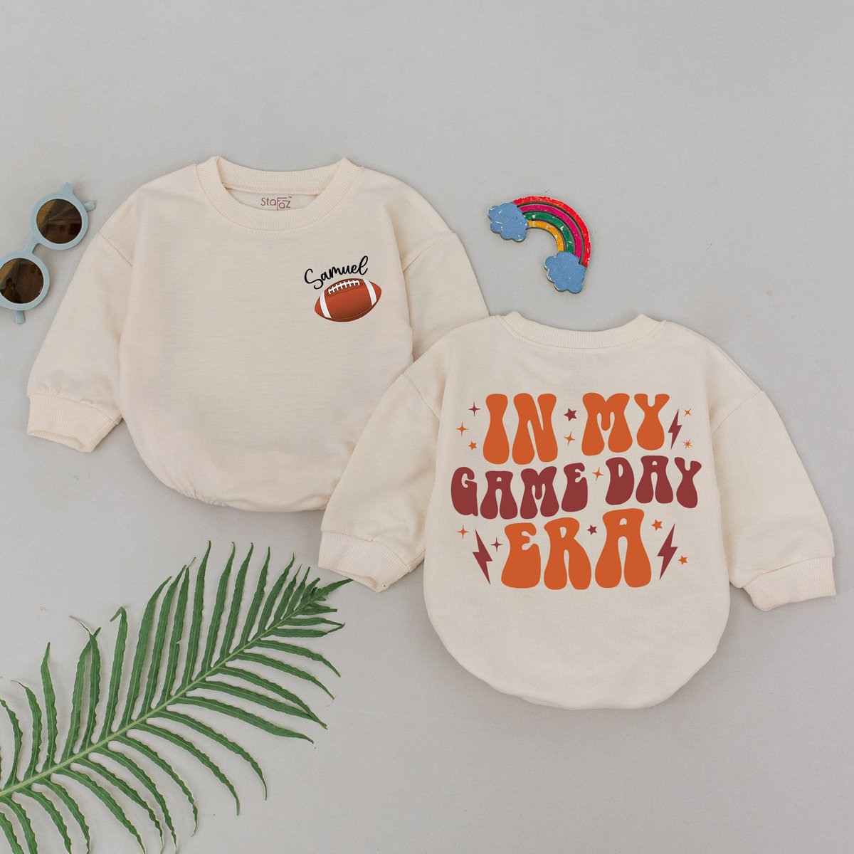 Personalized In My Game Day Era Romper Retro Football Baby Outfit Gameday Season Natural Bubble Baby