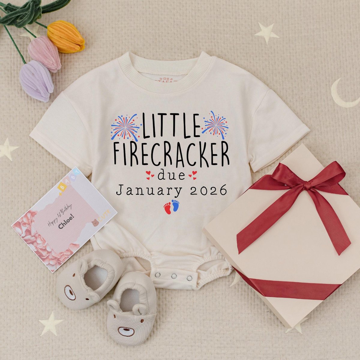 Personalized Little Firecracker 4th of July Pregnancy Announcement Baby Romper Baby Announcement Due