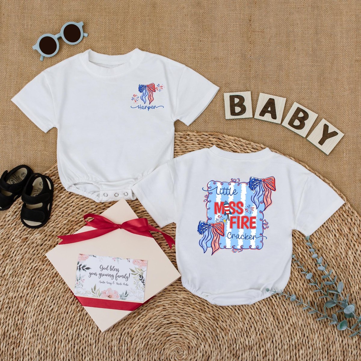 Personalized Little Miss Firecracker Baby Romper Toddler Girl 4th of July Outfit Baby Patriotic Shir 430