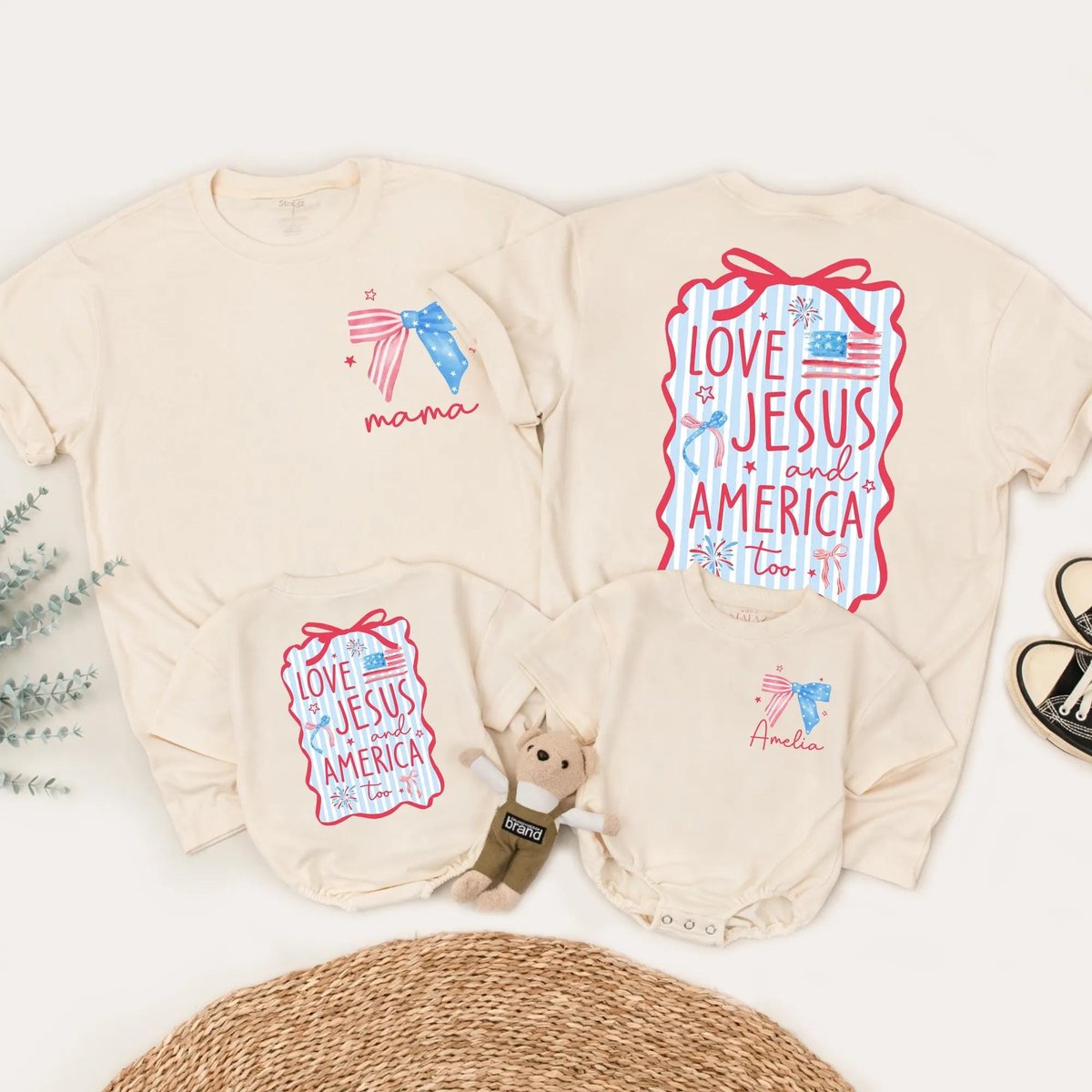 Personalized Love Jesus and America Too Matching Outfit Independence Day Bow Shirt 4th of July Baby 430