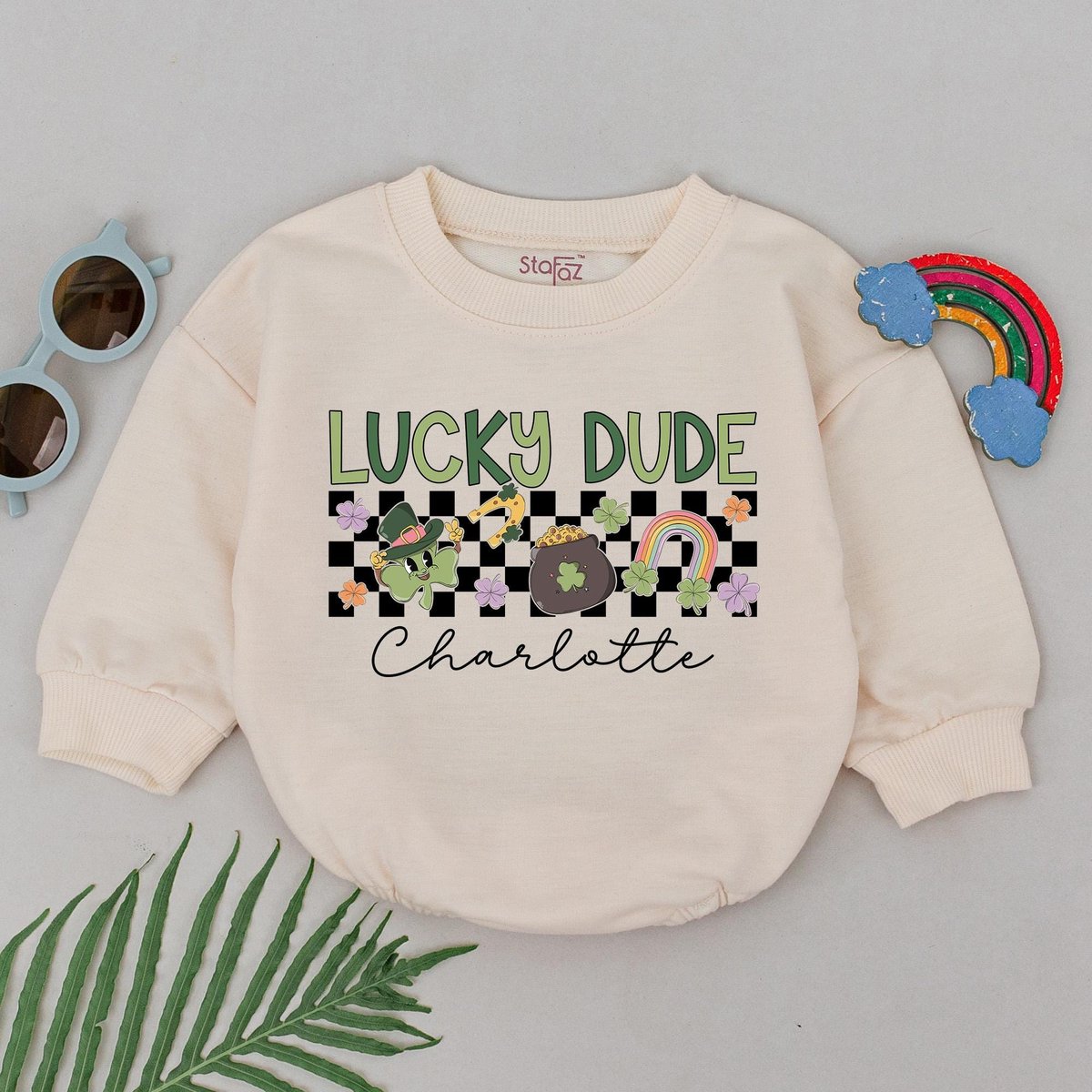 Personalized Lucky Dude Baby Romper Retro Patrick's Day Romper Natural Baby Shower Gift 1st Patrick