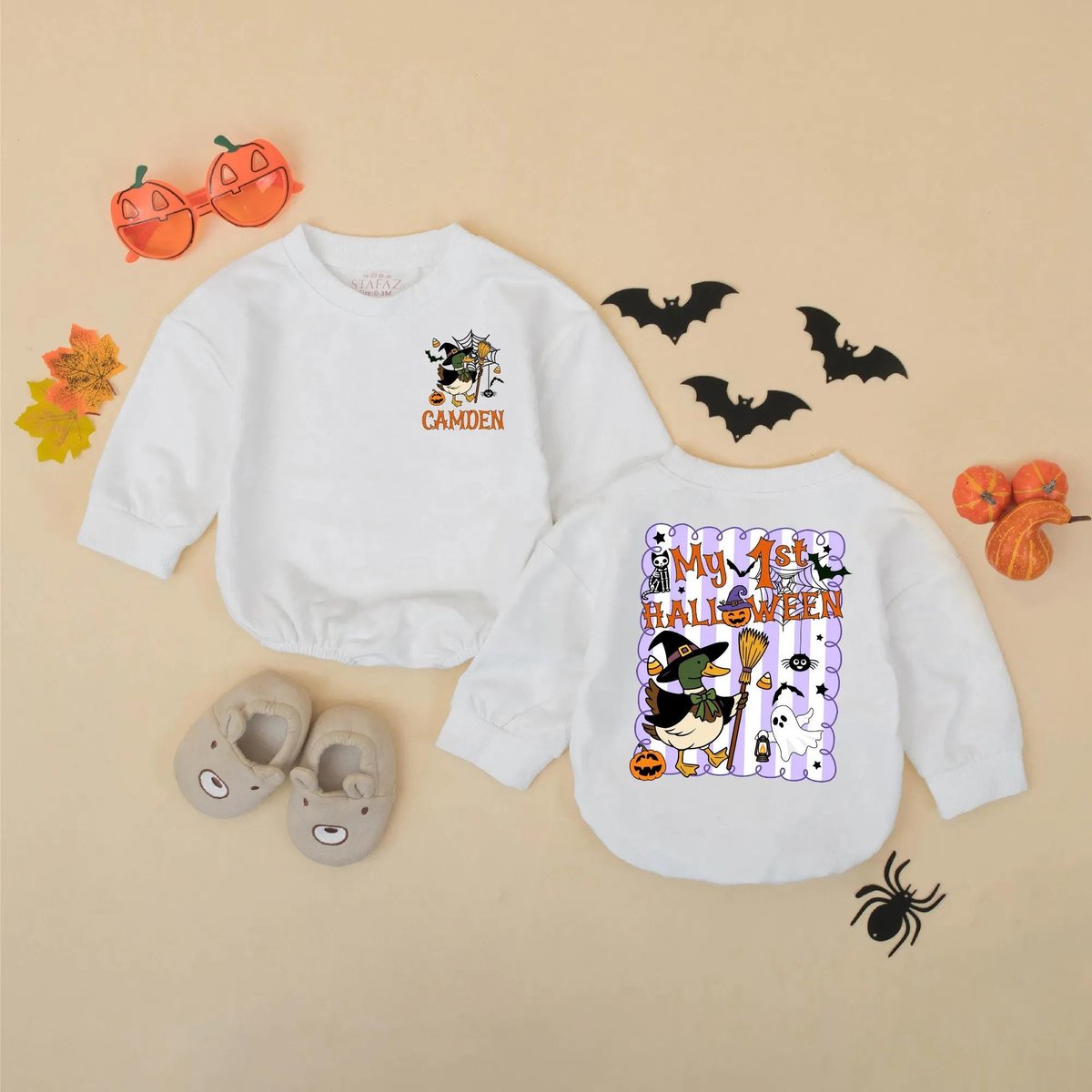 Personalized Mallard Duck Halloween Baby Romper Custom Halloween Birthday Bodysuit My 1st Halloween 435