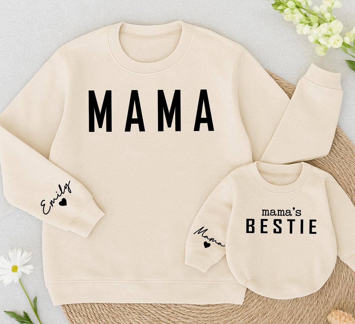 Personalized Mama and Bestie Sweatshirt with Name On Sleeve Custom mama Shirt Baby Romper Matching F 433