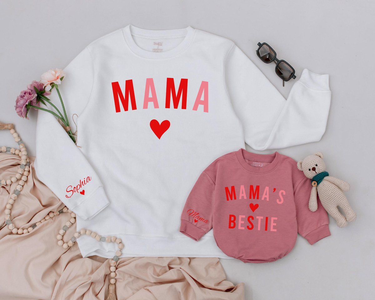Personalized Mama And Mama's Bestie Sweatshirts Mama and Girl Mom And Baby Matching Outfit Valentin 184