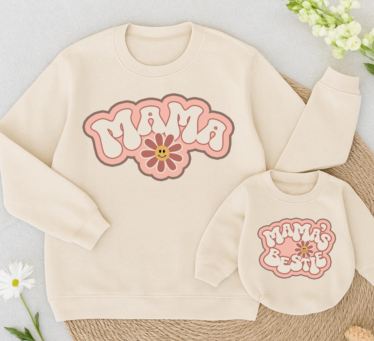 Personalized Mama and Mama's Bestie Sweatshirt MAMA MINI Sweatshirt Groovy Mommy and Me Retro Match 434