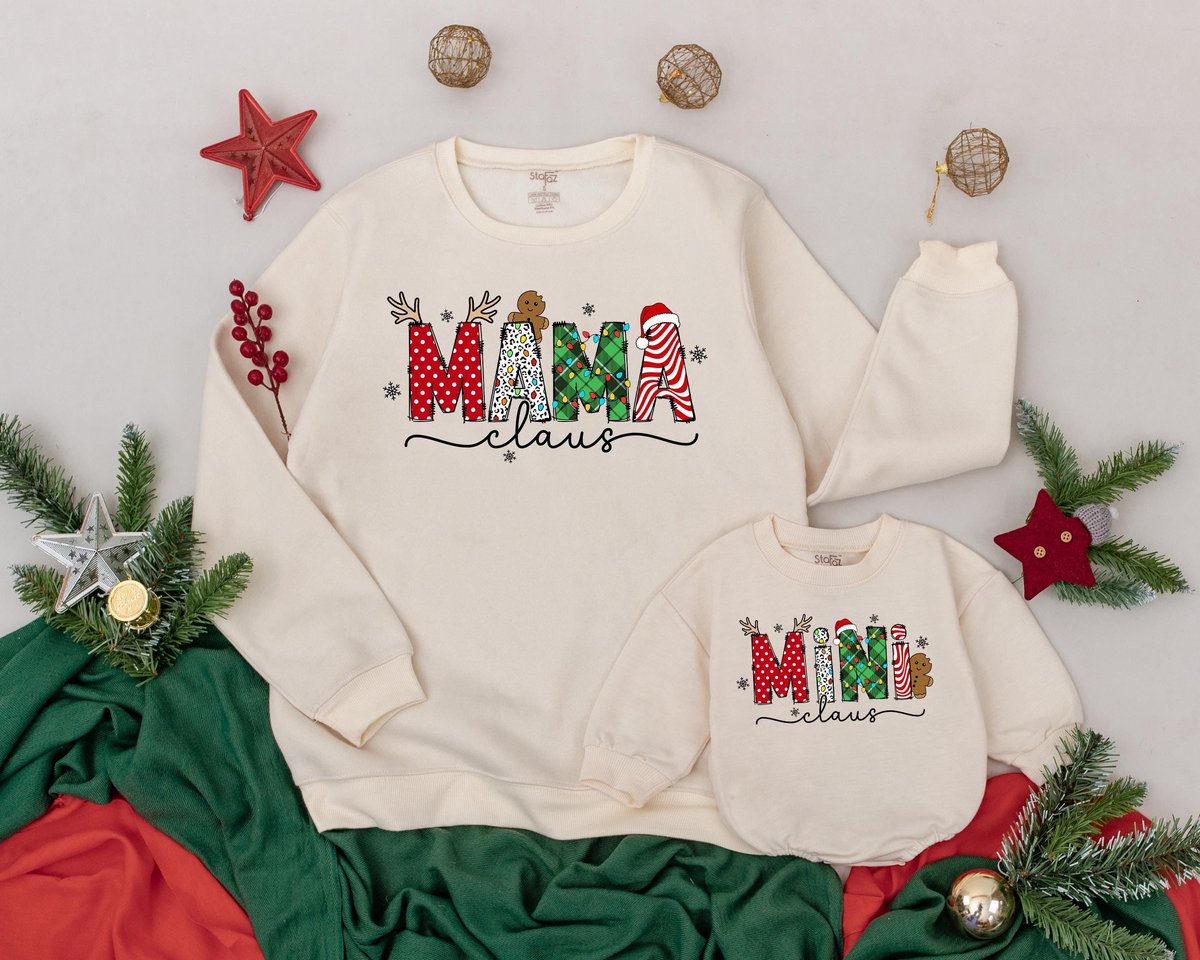 Personalized Mama and Mini Claus Christmas Sweatshirts Mommy and Me Sweaters Matching Family Outfit 179