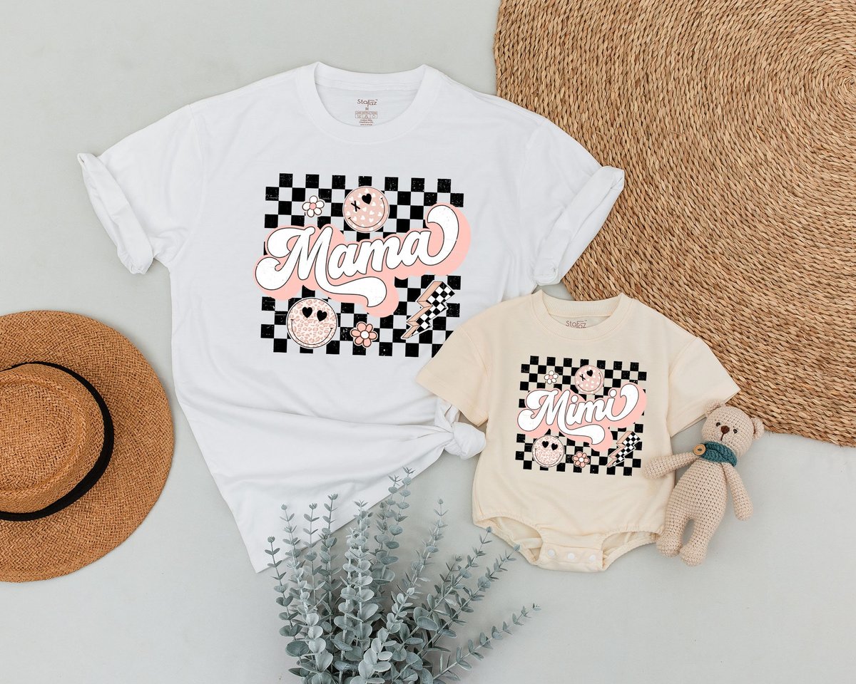 Personalized Mama and Mini Shirts Retro Smile Face Shirts Mommy and Me Outfit Gift For Mom Checkered 170