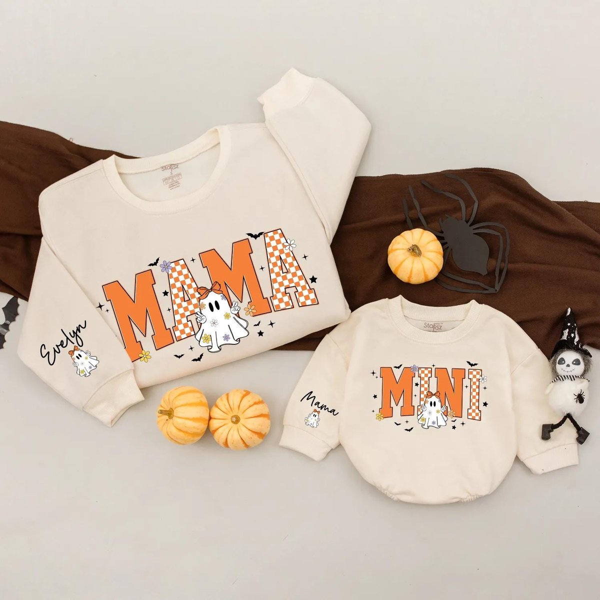 Personalized Mama Mini Halloween Matching Sweatshirts Mommy and Me Sweaters Retro Halloween Boo Cust 434