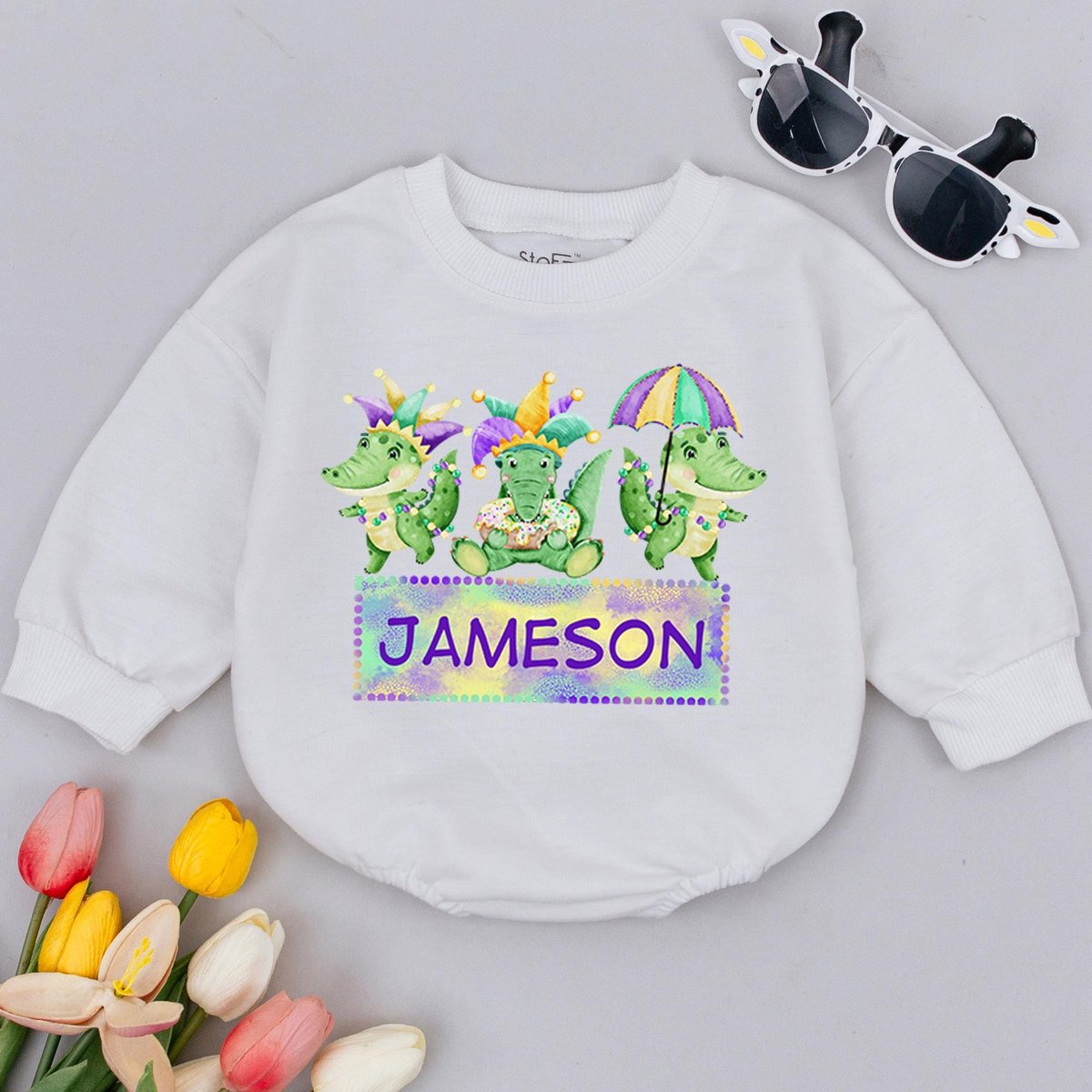 Personalized MardiGras Three Alligators Baby Romper Baby Announcement Clothes Baby Carnival Outfit 1 184