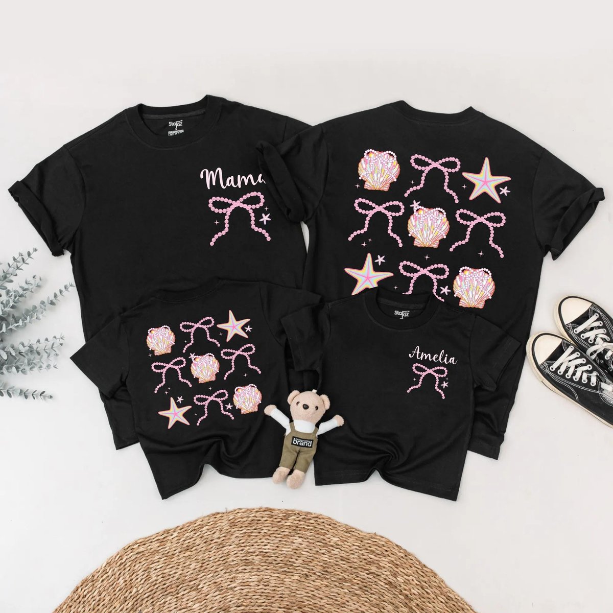 Personalized Mermaid Family Shirts Matching Seashell Bow Tees Custom Mommy and Me Beach Outfit Summe 429