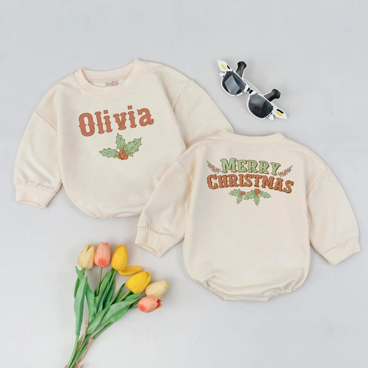 Personalized Merry Christmas Romper Retro Xmas Bodysuit Custom Western Christmas Baby Gift Vintage C 437