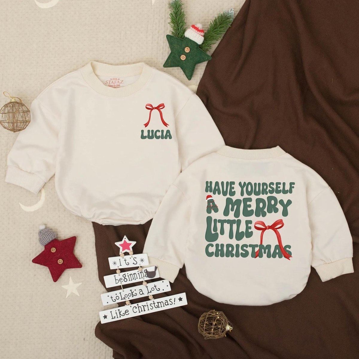 Personalized Merry Little Christmas Baby Bubble Romper Christmas Tree Baby Romper First Christmas To