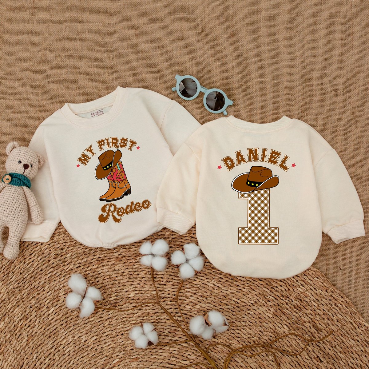 Personalized My First Rodeo Romper Custom Name Western Birthday Bodysuit Romper for Baby Boy Sweatsh 169