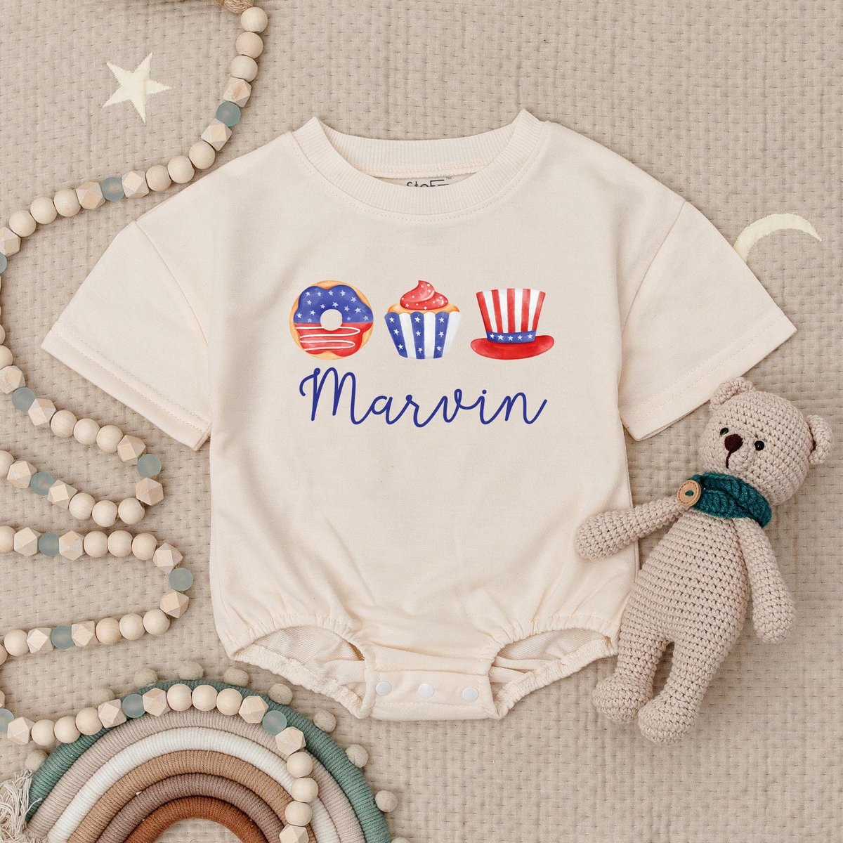 Personalized Name 4th of July Baby Romper Custom Independence Day Outfit Patriotic Baby Red White Bl