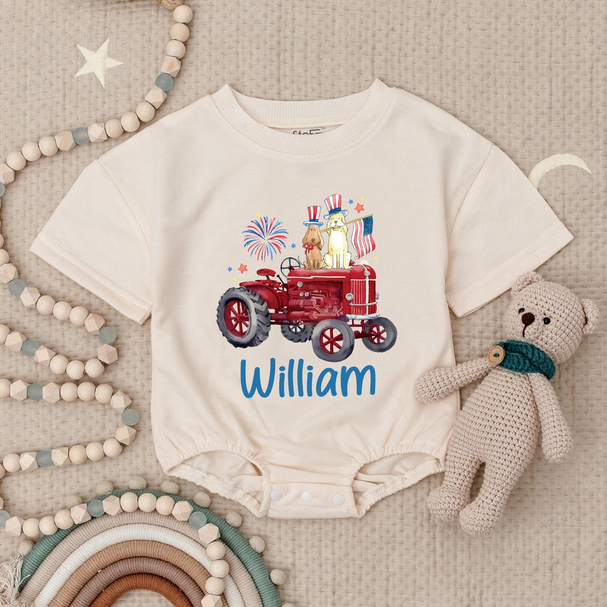 Personalized Name 4th of July Tractor Baby Romper Baby Patriotic First 4th of July Patriotic Newborn