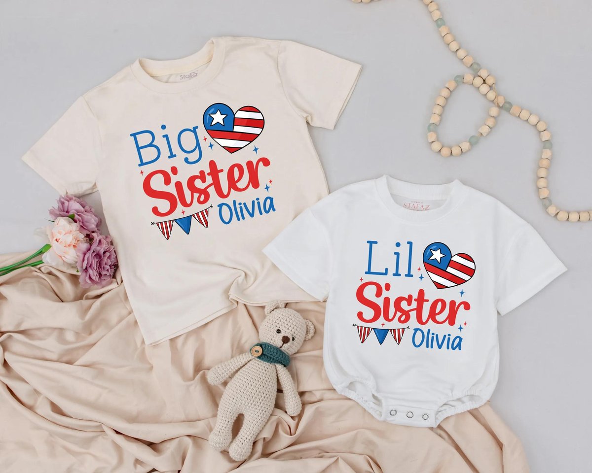 Personalized Name 4th of July Sisters Outfit Big Sister Toddler Shirt Lil Sister Bubble Romper Match 430
