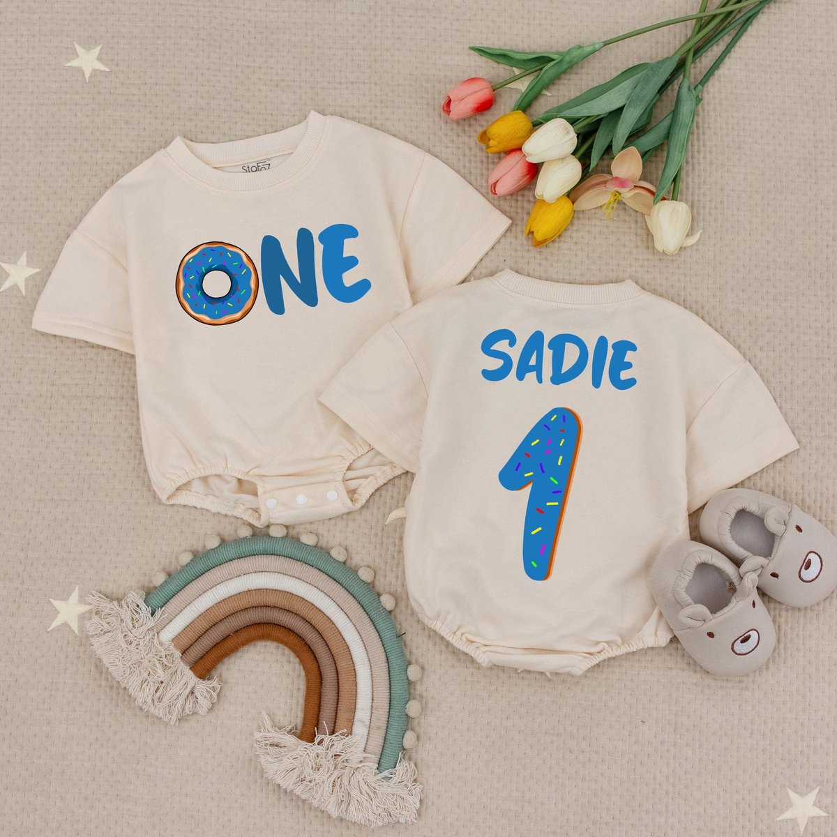 Personalized Name And Age Donut 1st Birthday Baby Romper First Donut Birthday Babysuit Donut Party B