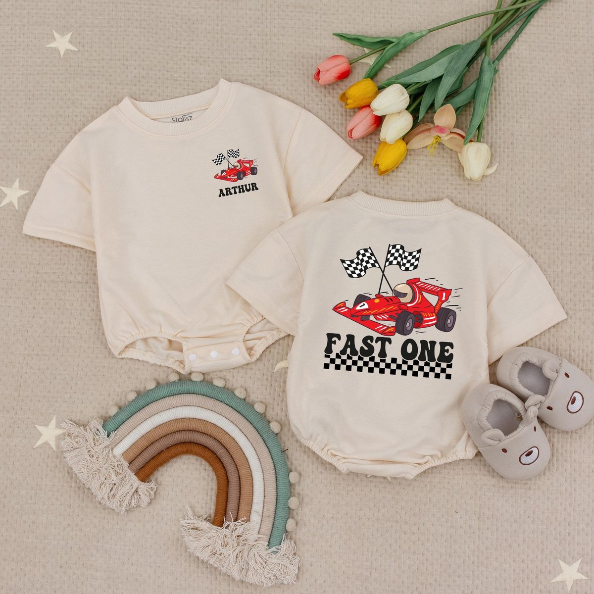 Personalized Name and Age Fast One Baby Romper Fast One Crew Babysuit Boy Racecar Babysuit Racecar B