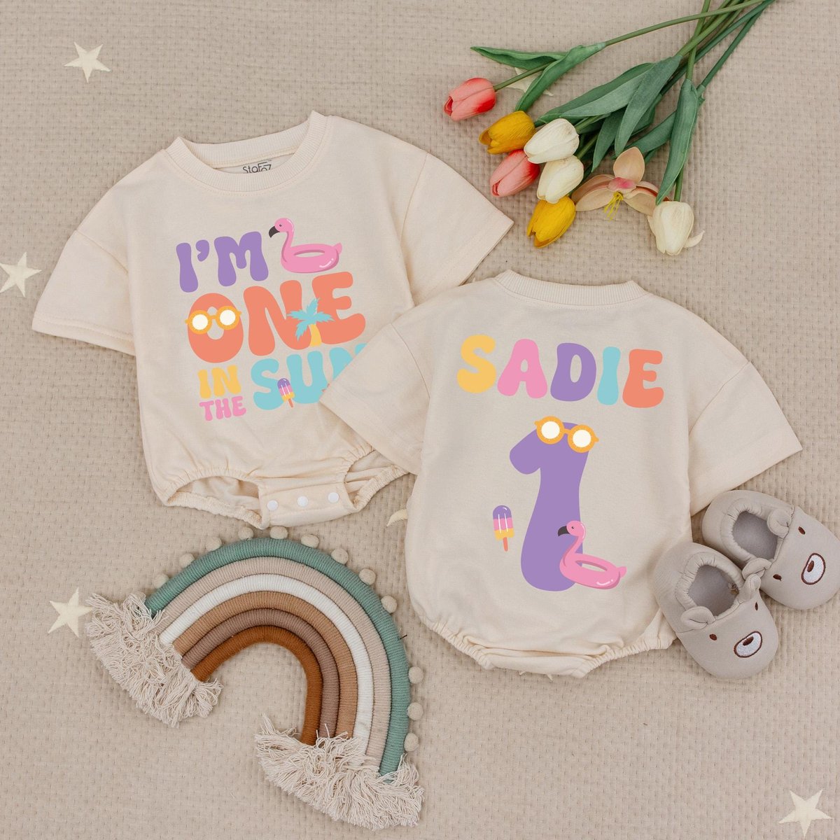 Personalized Name and Age One in the Sun Pool Party Birthday Girl Baby Romper Summer 1st Birthday Ba