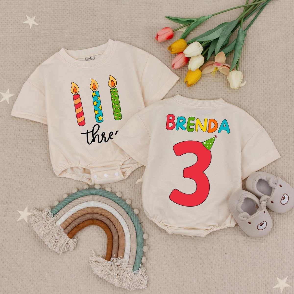 Personalized Name and Age Three Candle Baby Romper 3rd Birthday Kid Shirt Boy Girl Birthday Tee Turn