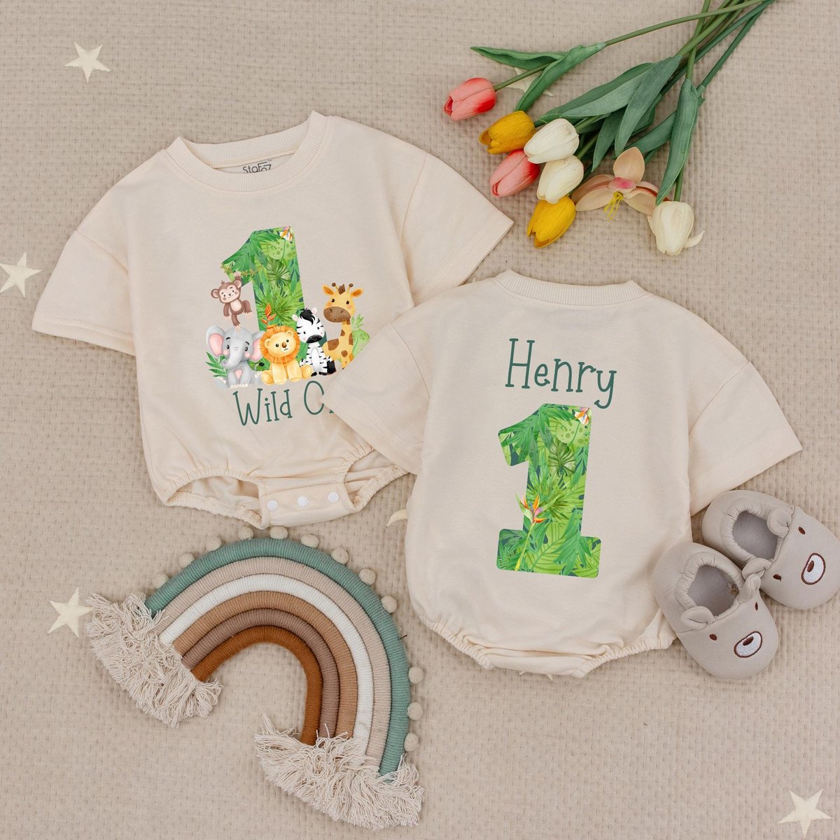 Personalized Name and Age Wild One Birthday Baby Romper Zoo Safari Birthday Babysuit First Birthday