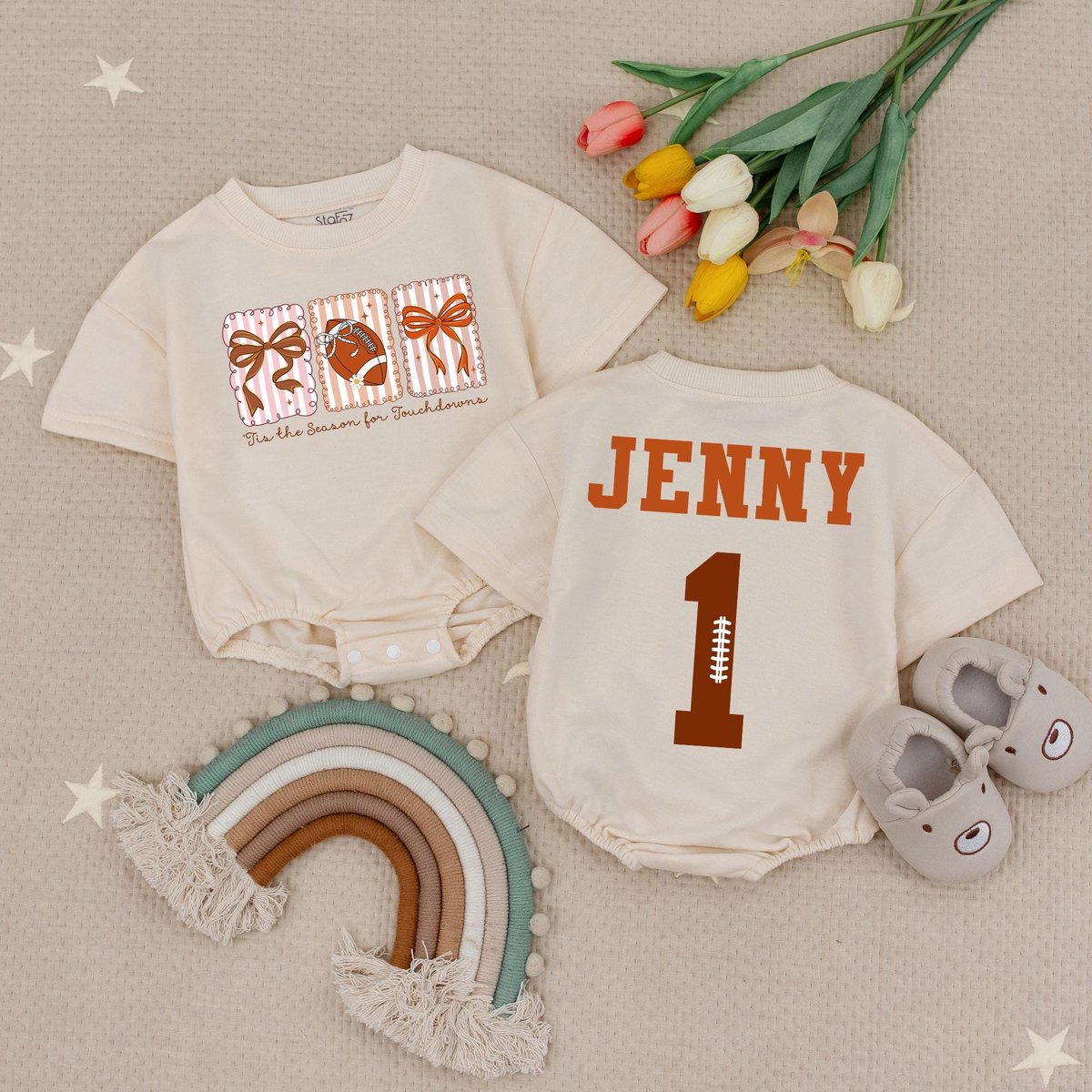 Personalized Name and Number Tis The Season Football Baby Romper Retro Game Day Bodysuit Football Ba