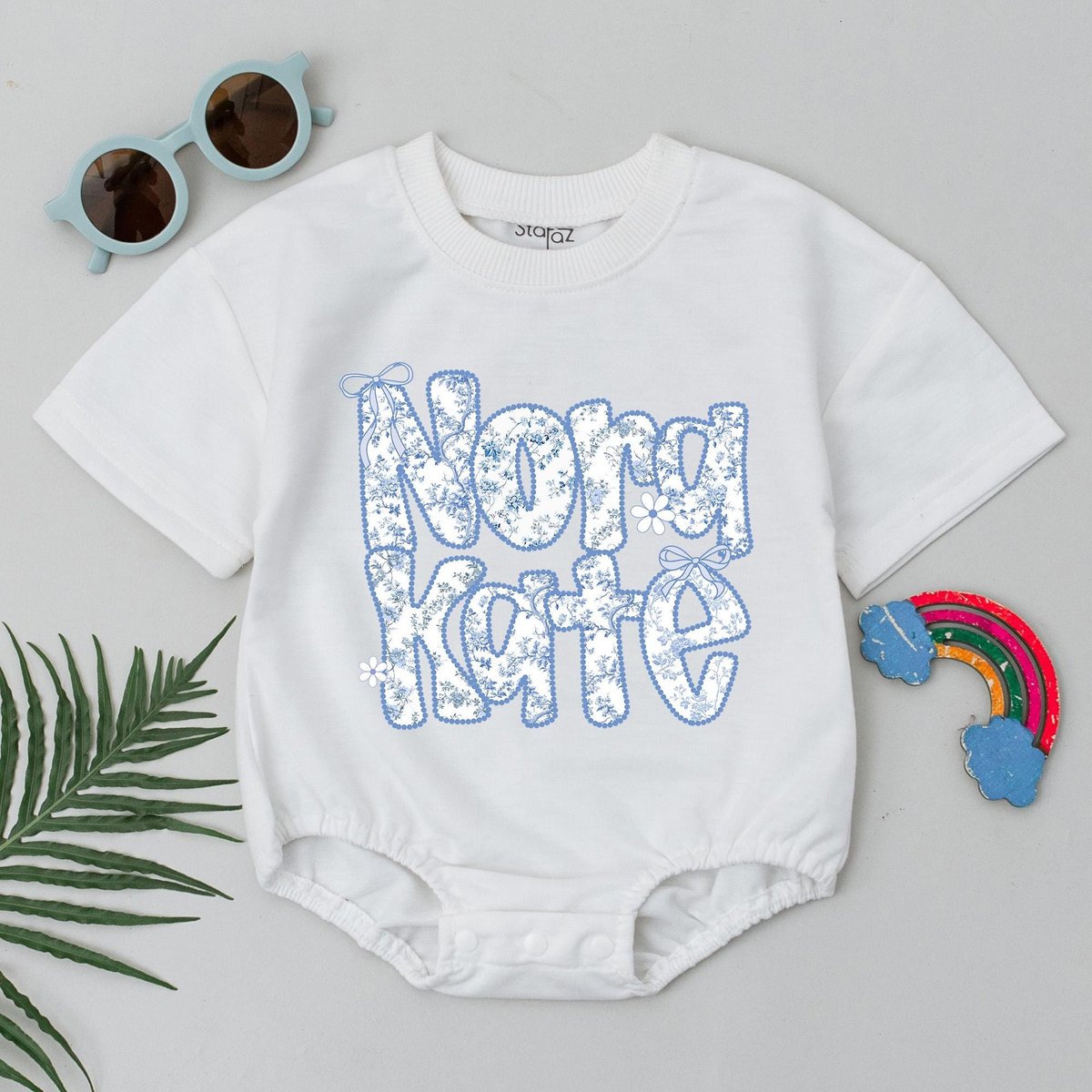 Personalized Name Baby Bubble Romper Blue Chinoiserie Floral Bodysuit Cute Floral Baby Outfit Custom