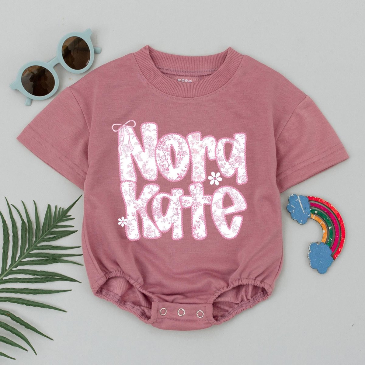 Personalized Name Baby Bubble Romper Pink Chinoiserie Floral Bodysuit Cute Baby Girl Outfit Custom B