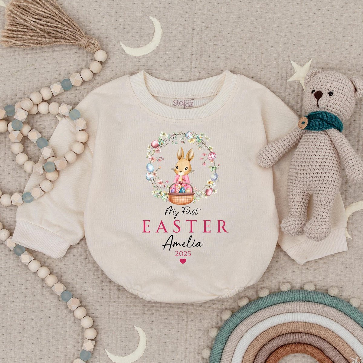 Personalized Name Baby Easter Outfit Baby Romper Cute Rabbit Bodysuit Happy Easter Baby Outfit Baby