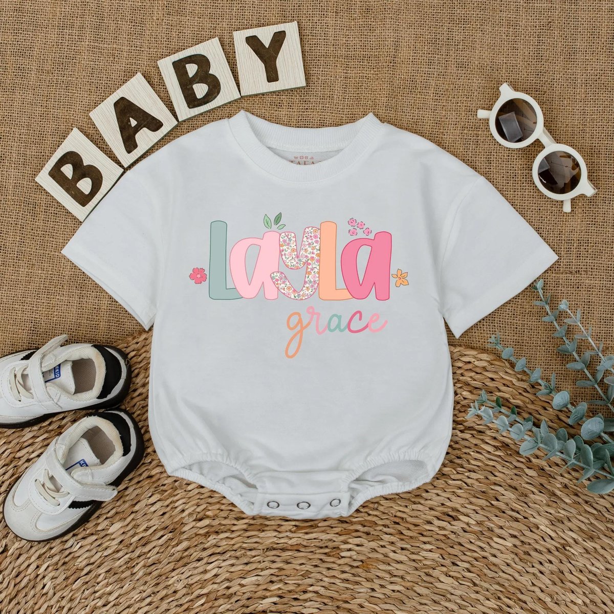 Personalized Name Baby Girl Bubble Romper Custom Name Floral Bodysuit for Girls Cute Infant Outfit C 436