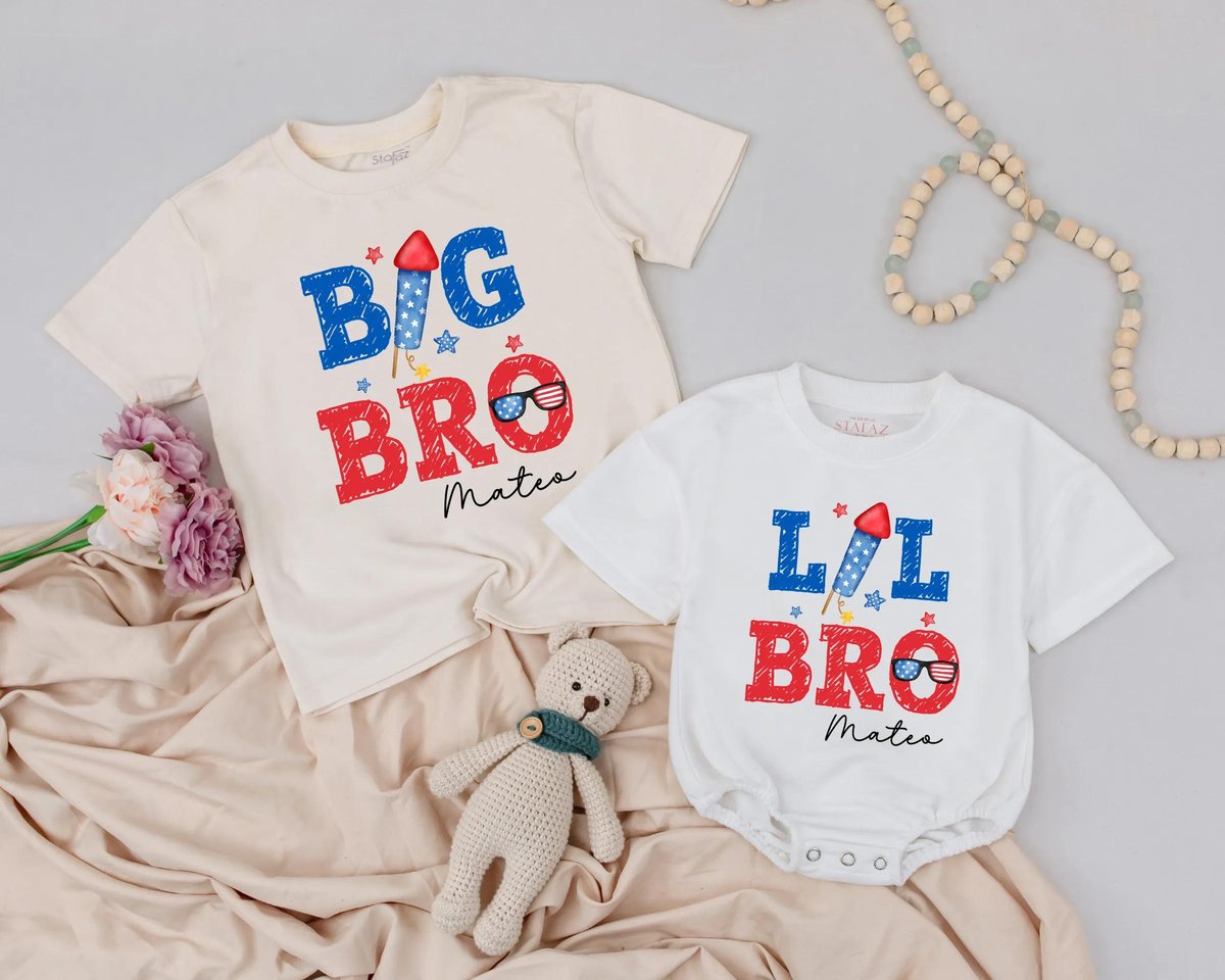 Personalized Name Big Bro and Lil Bro Shirts 4th of July Brother Matching Outfits Red White Blue Sib 429