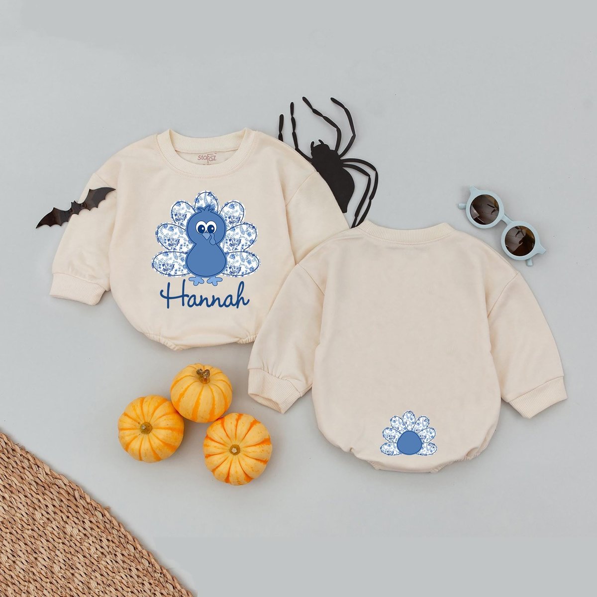 Personalized Name Blue Bow Turkey Bubble Romper Thanksgiving Blue Flower Baby Romper First Thanksgiv