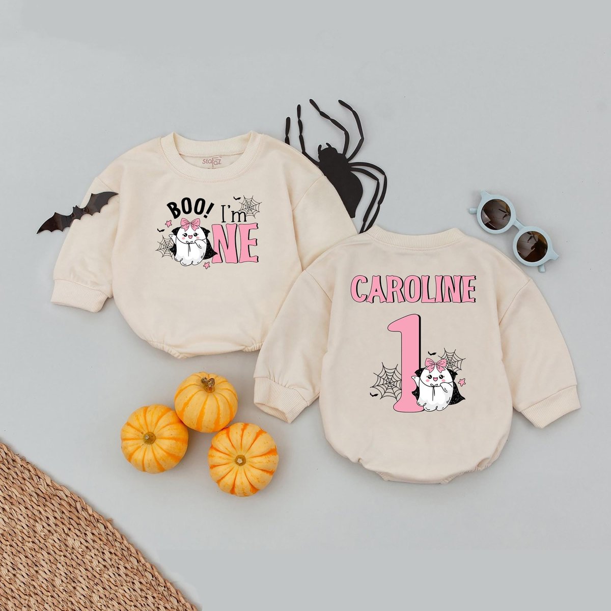 Personalized Name Boo I'm One Birthday Girl Baby Romper Halloween Outfit Girl Cute Ghost One Year O