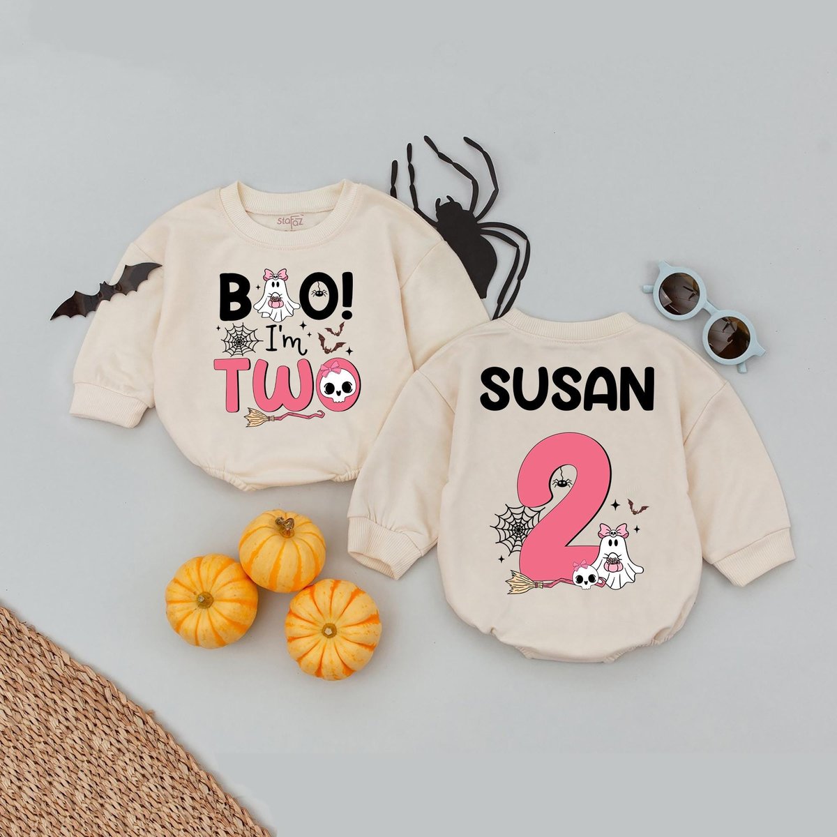 Personalized Name Boo I'm Two Birthday Baby Romper 2nd Birthday Girl Outfit Spooky Season Kids Baby