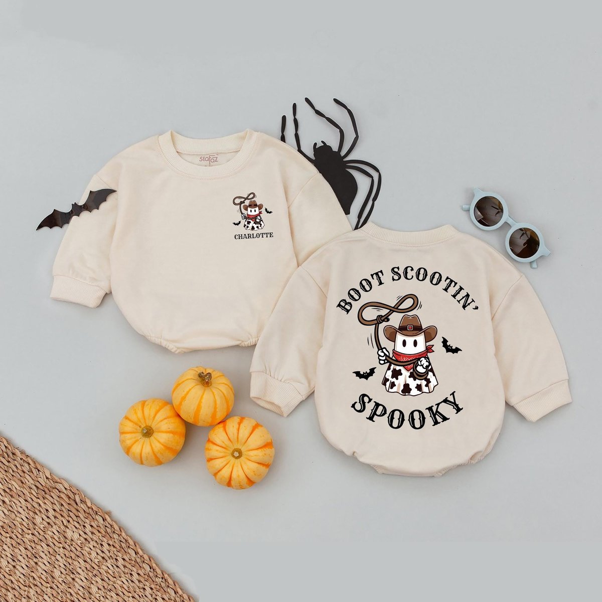 Personalized Name Boot Scooting Spooky Baby Romper Cowboy Cowgirl Ghost Halloween Bubble Romper West
