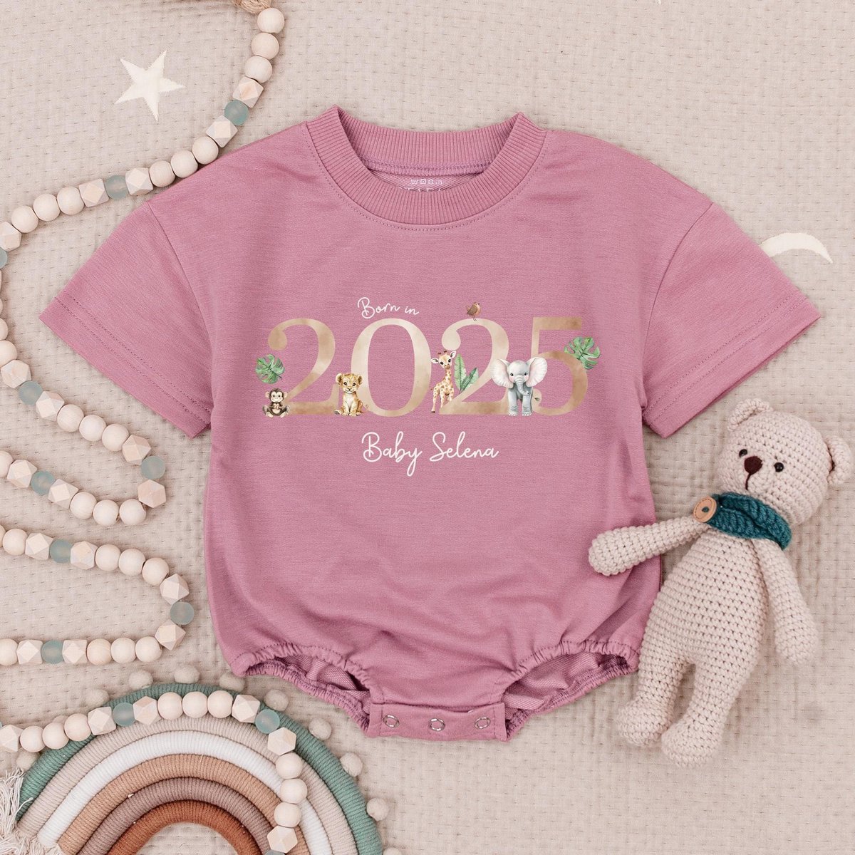 Personalized Name Born in 2025 Baby Romper New Baby Gift Safari Baby Gift Going Home Outfit Born in