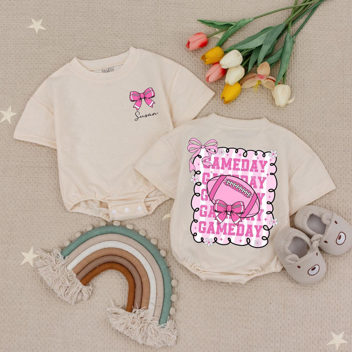Personalized Name Bow Game Day Romper My First Football Season Outfit Baby Girl Football Clothes Bab