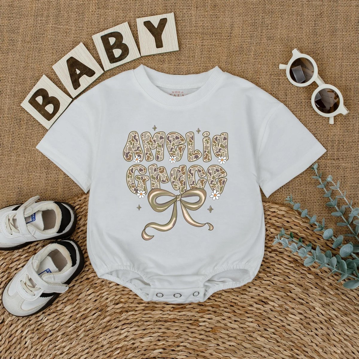 Personalized Name Camo Bow Bubble Romper for Baby Girls Custom Hunting Baby Outfit Newborn Coming Ho 436