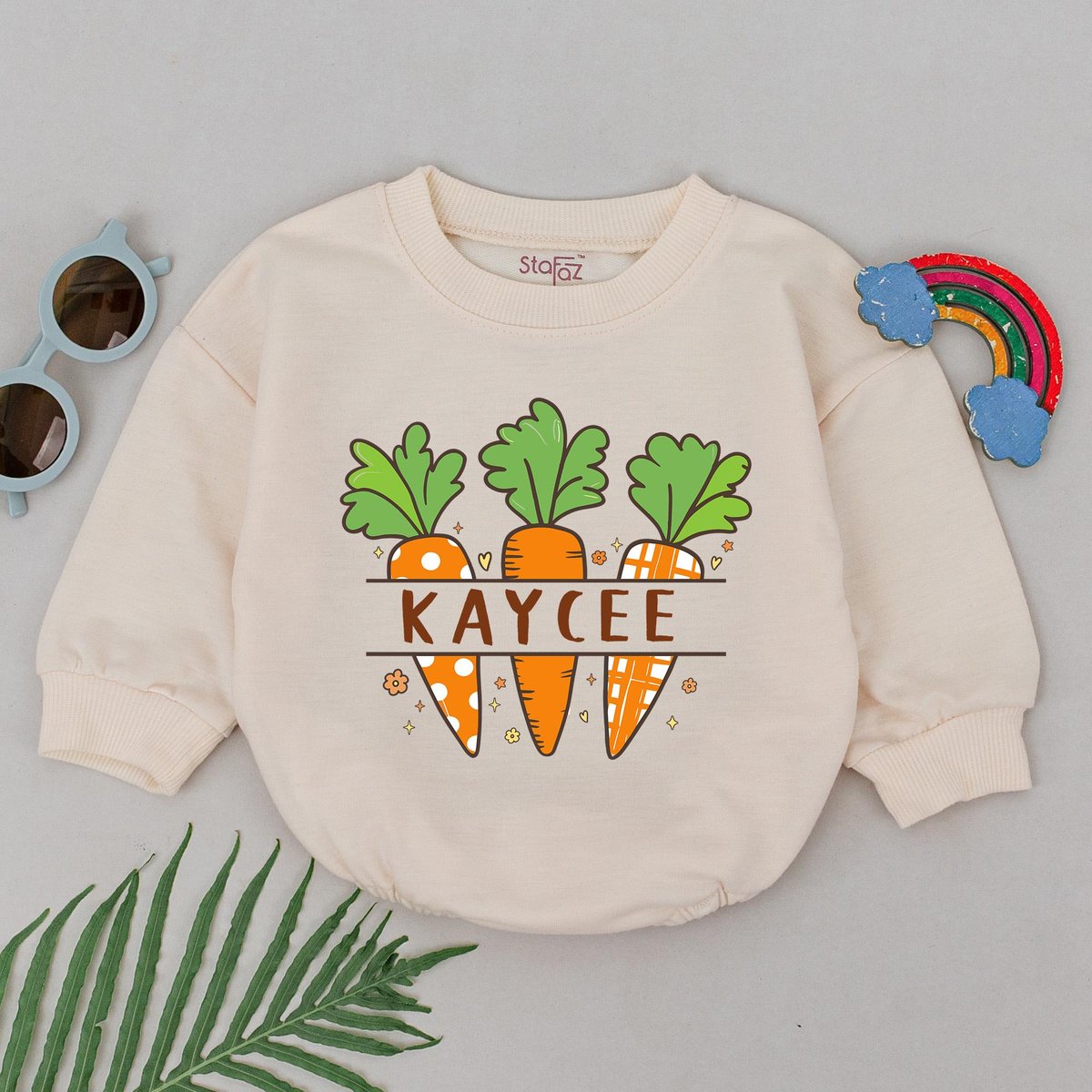 Personalized Name Carrot Easter Romper Bunny Ears Little Bunny Bodysuit Retro Easter Day Outfit Baby