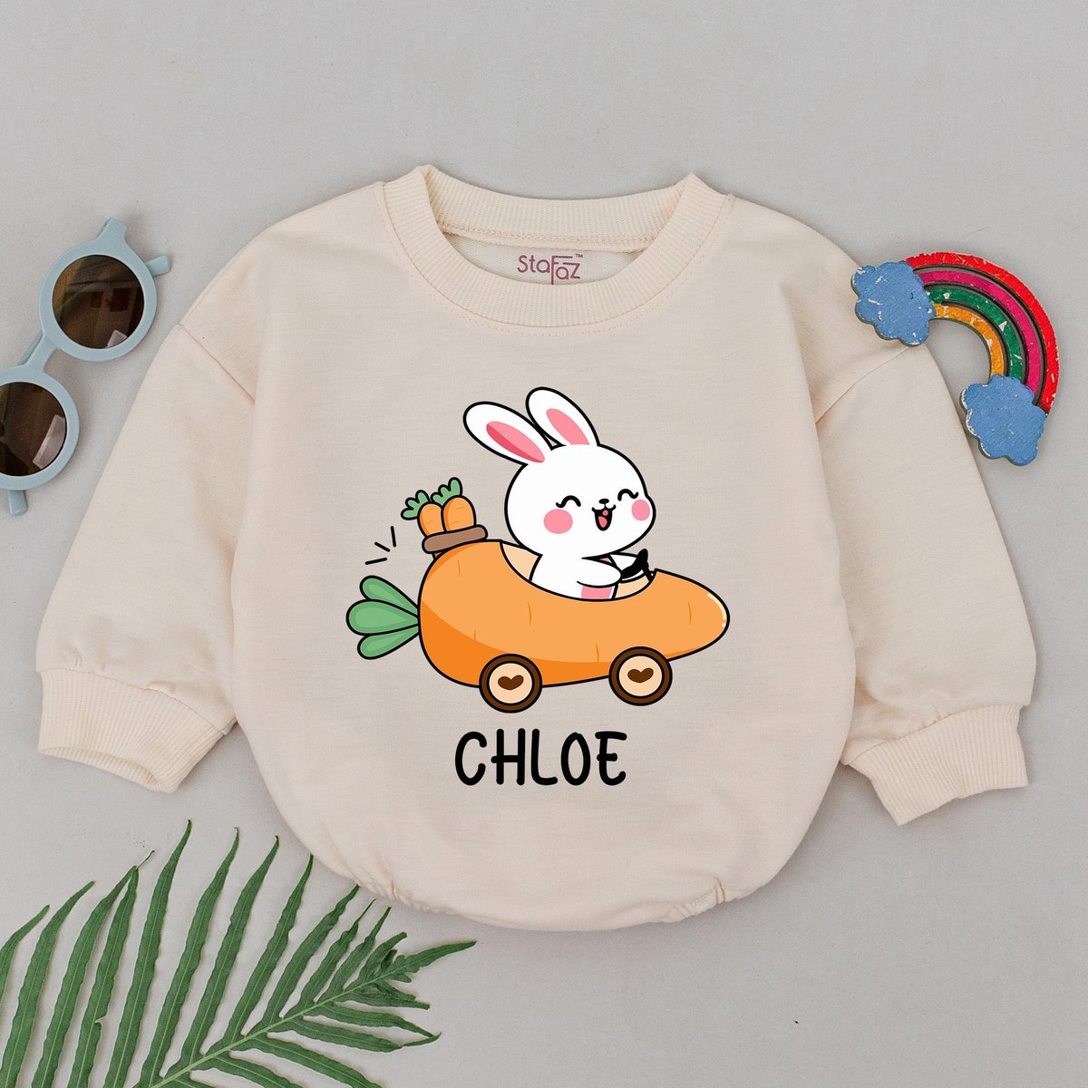 Personalized Name Carrot Truck Romper Little Bunny Bodysuit Retro Easter Day Outfits Bunny Ears Baby
