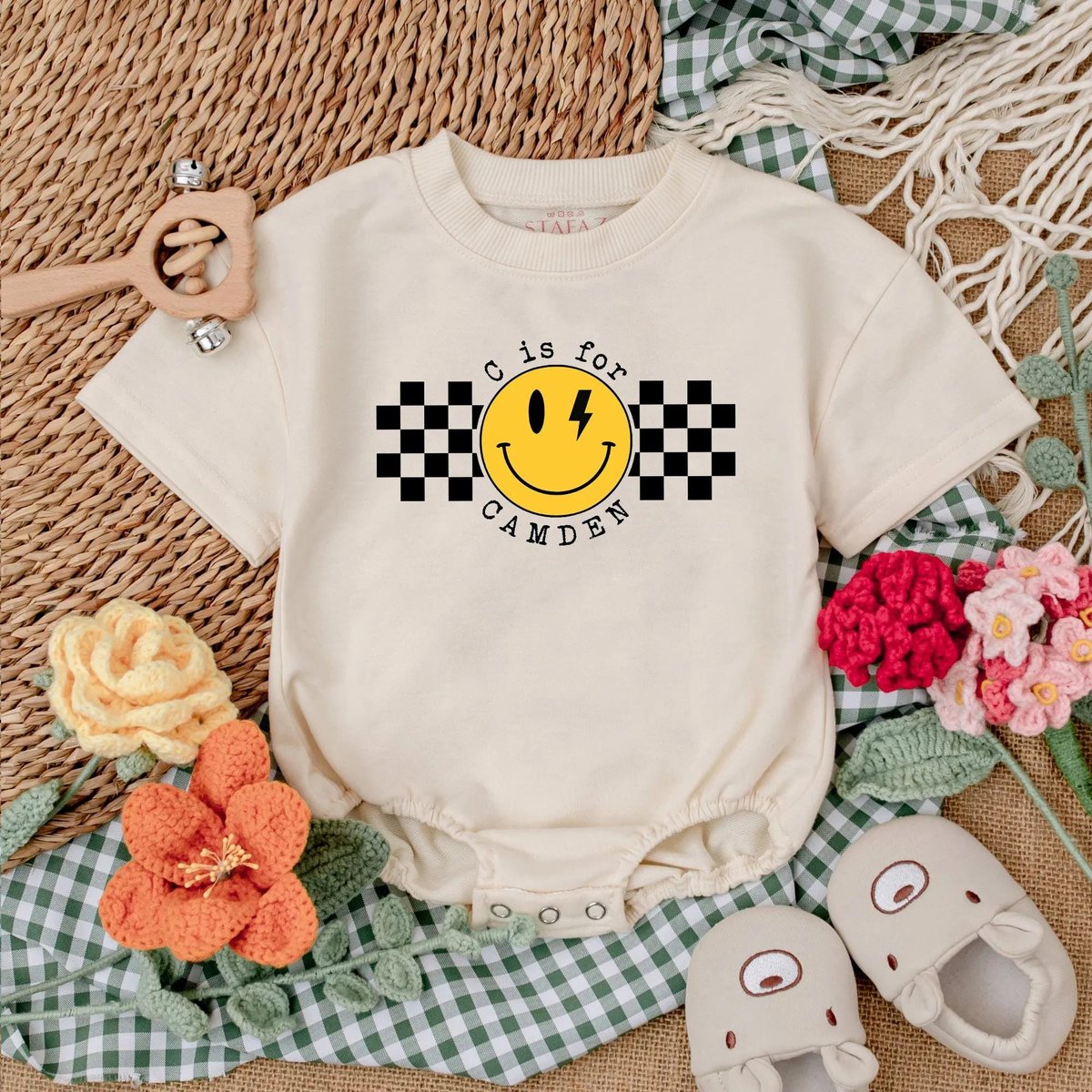 Personalized Name Checkered Happy Dude Romper One Happy Dude Baby Bodysuit Baby Boy Clothes First Bi 187