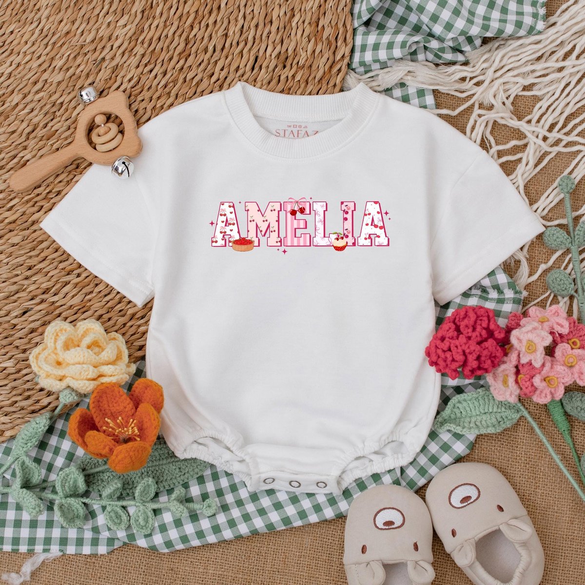 Personalized Name Cherry Baby Girl Romper Cherry and Bow Baby Romper Birthday Romper for Baby Girls 186
