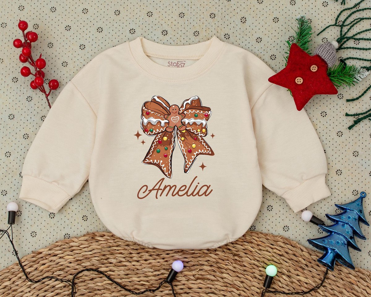 Personalized Name Christmas Bow Baby Romper Gingerbread Bow Baby Romper Girly Christmas Bow Baby Bod
