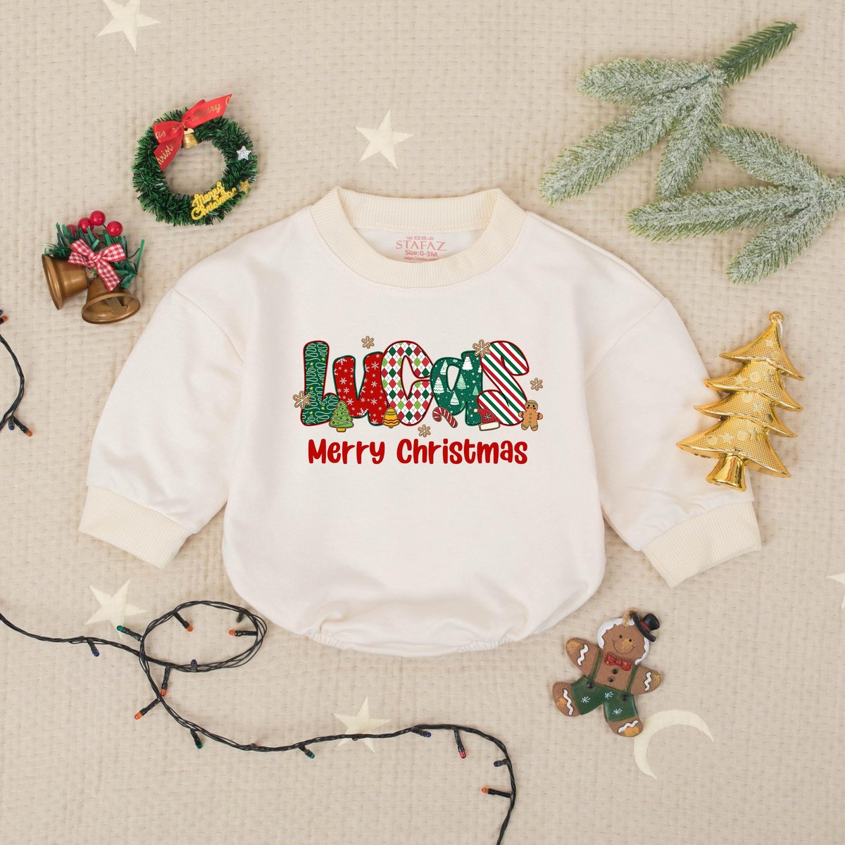 Personalized Name Christmas Bubble Romper Custom Holiday Baby Outfit Infant Xmas Bodysuit Cute Newbo