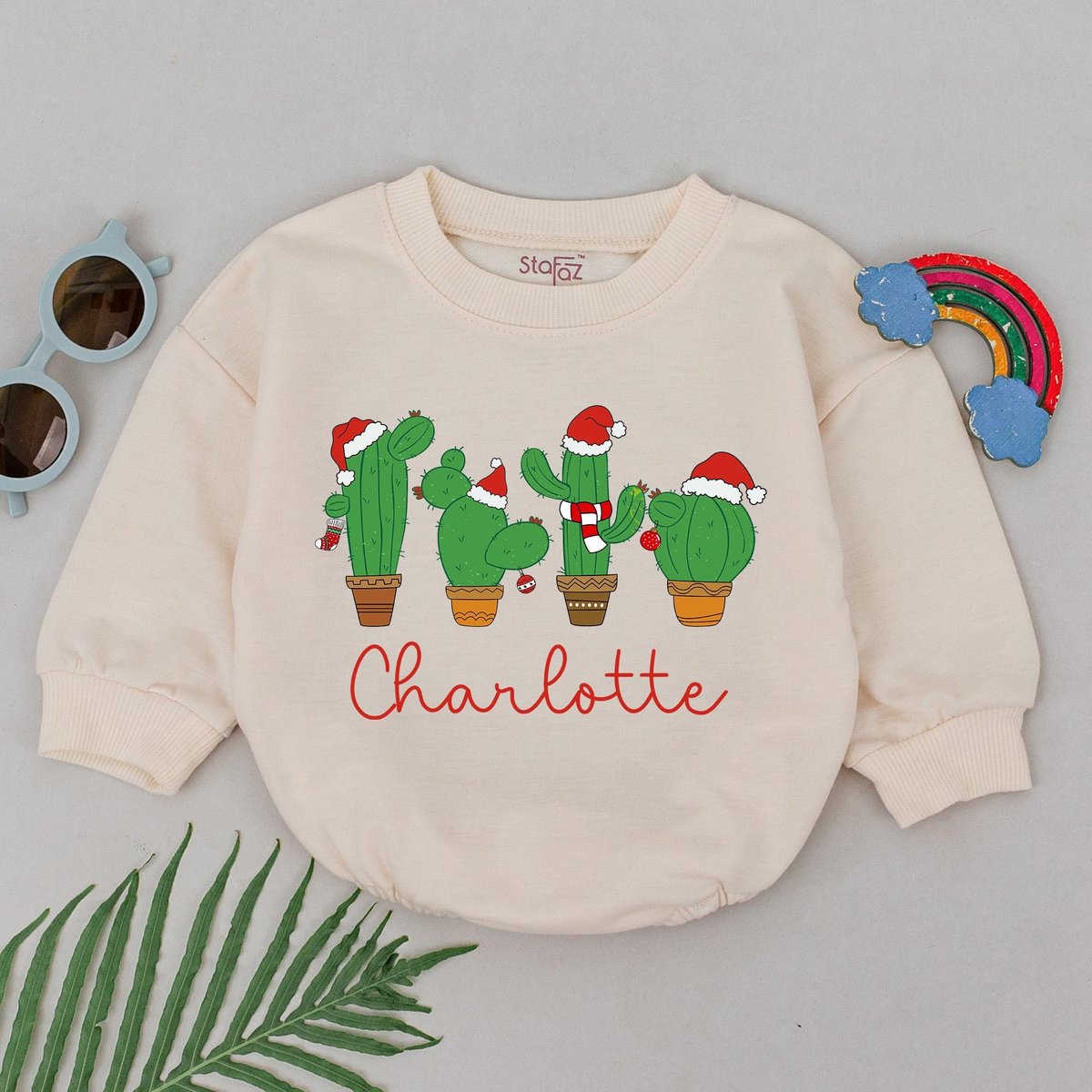 Personalized Name Christmas Cactus Romper Christmas Outfits 1st Christmas Romper New Baby Gift Baby