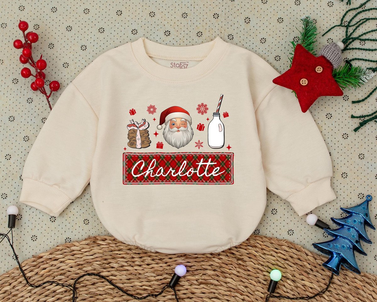 Personalized Name Christmas Cookies Santa Claus Milk Bubble Romper Custom Name Merry Christmas Baby