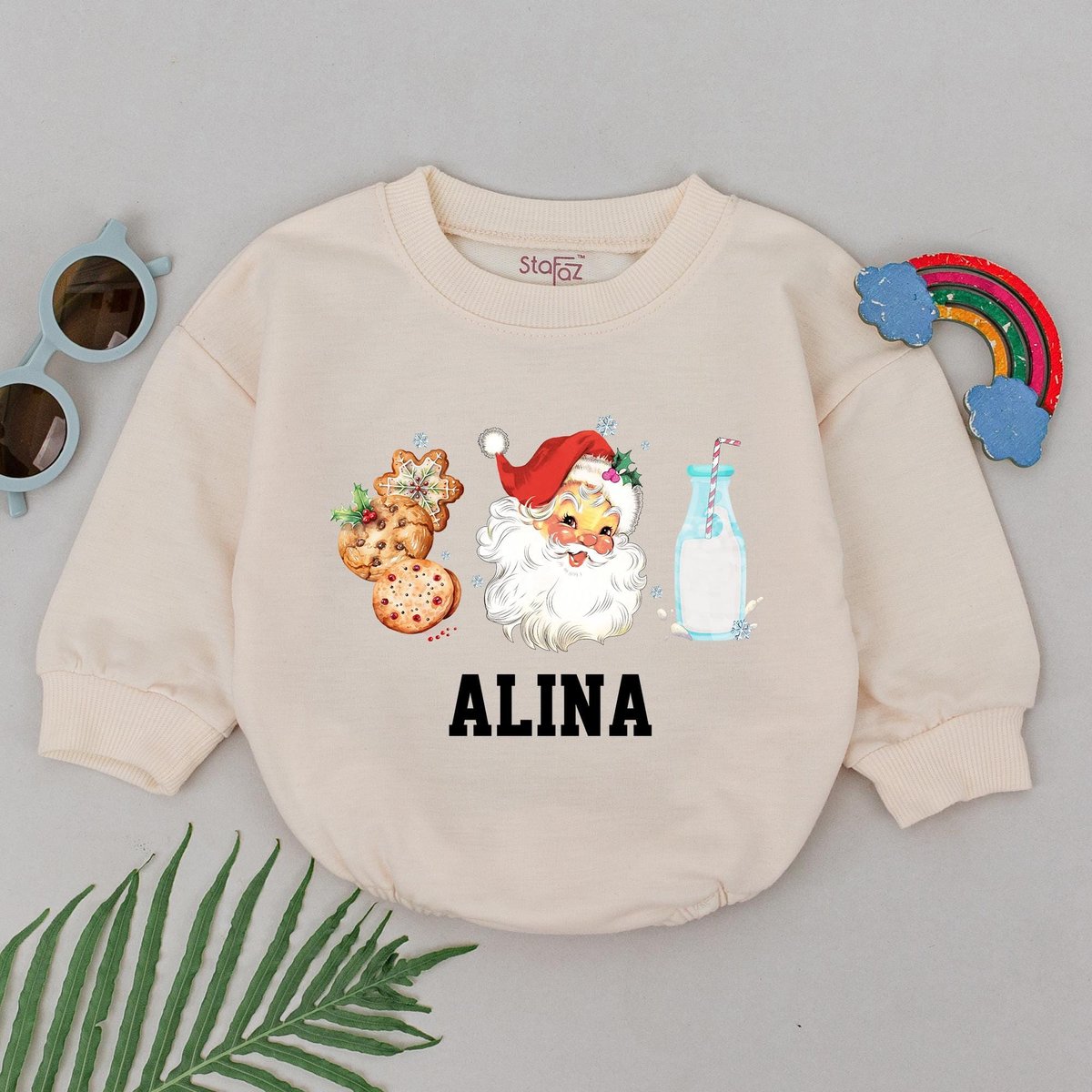 Personalized Name Christmas Romper 1st Christmas Baby Bodysuit Christmas Outfits Santa Milk Cookies