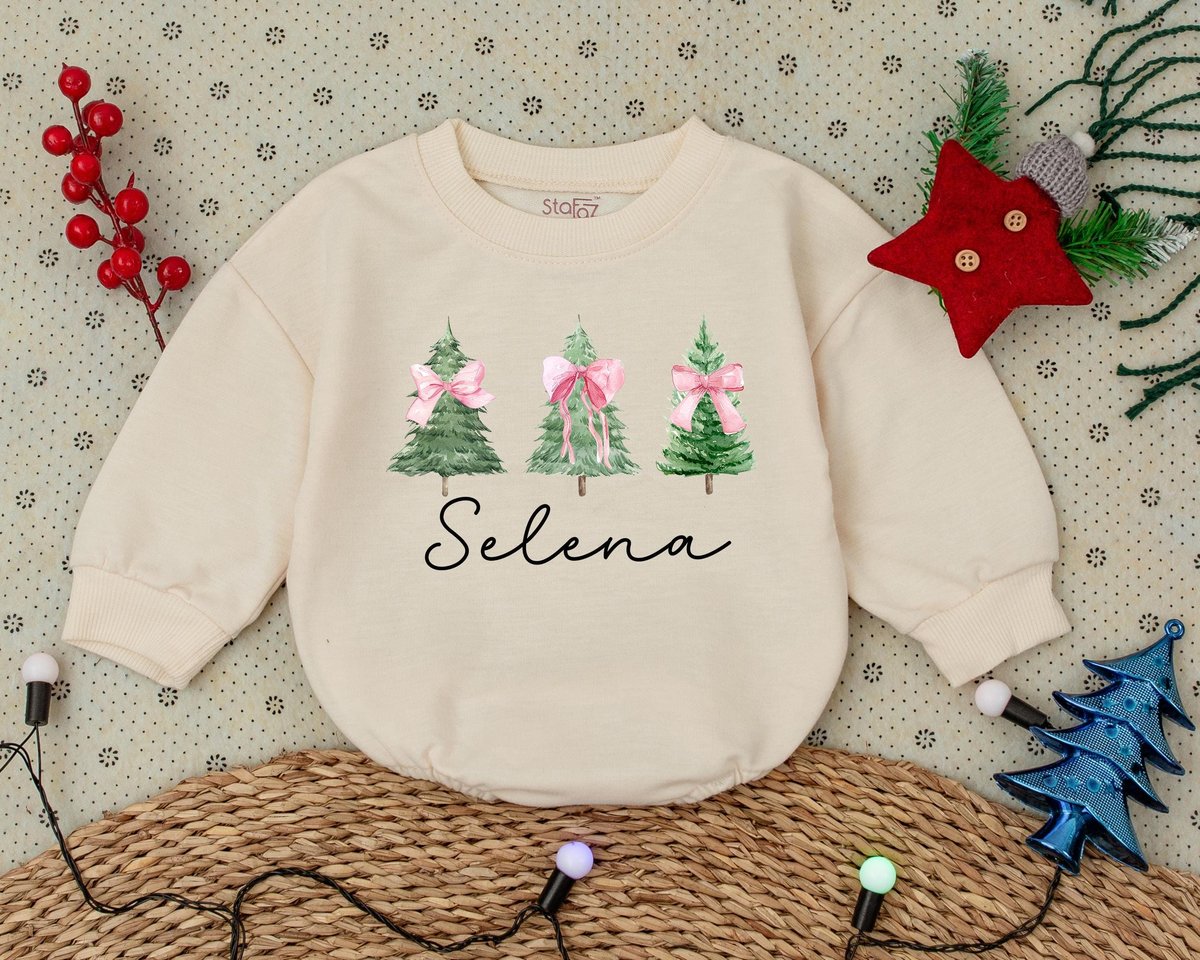Personalized Name Christmas Tree Bubble Romper Custom Name Holiday Outfit with Pink and Red Bow Fest