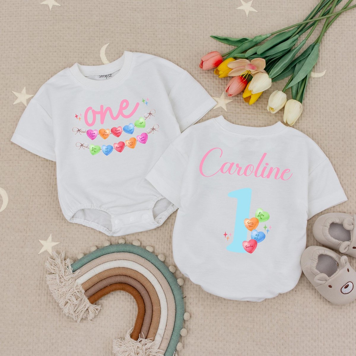 Personalized Name Conversation Hearts Birthday Baby Romper Candy Hearts First Birthday Babysuit One