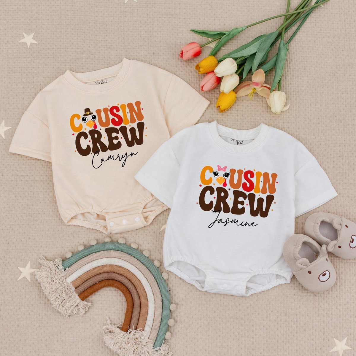 Personalized Name Cousin Crew Thanksgiving Bubble Romper Matching Family Thanksgiving Shirt Kids Fal